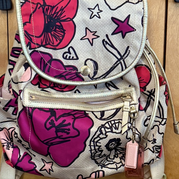 Coach Kyra Poppy Floral Backpack Purse Gold and cream with Light pink - Picture 1 of 16